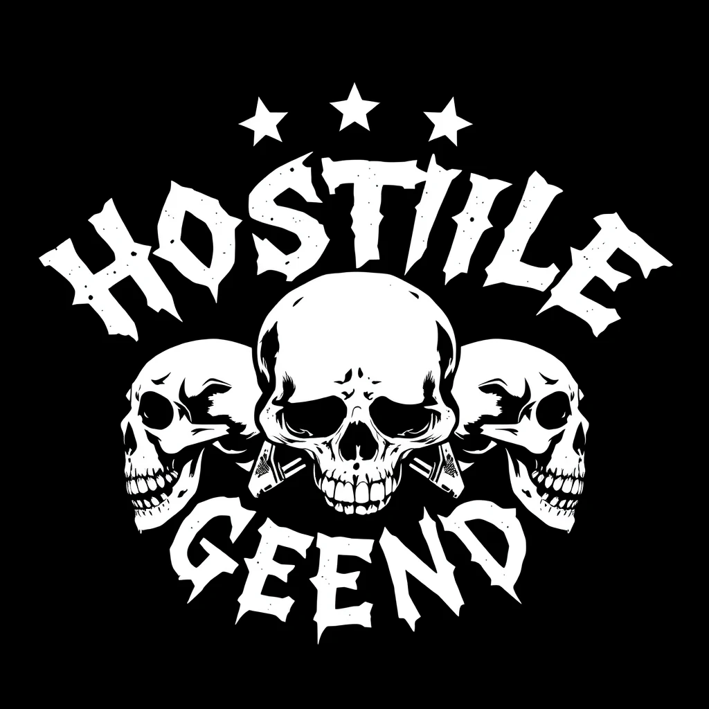 A logo for a hardcore punk band from the 1980s. The band name is HOSTILE AGENDA. It should be very detailed, but simple. White text on a black background. Skulls should be included. It should look dirty and vintage.