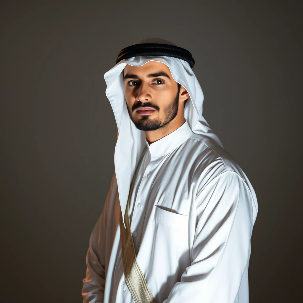 "Create an image of an Arab person, featuring traditional attire such as a dishdasha or abaya. The individual should be standing or sitting in a well-lit environment, with a strong emphasis on white light illuminating the scene. The lighting should be bright and even, highlighting the details of the attire and facial features. The background should be simple and unobtrusive, ensuring the focus remains on the person and the light effects. Capture the essence of cultural attire while showcasing the impact of the white light on the scene."