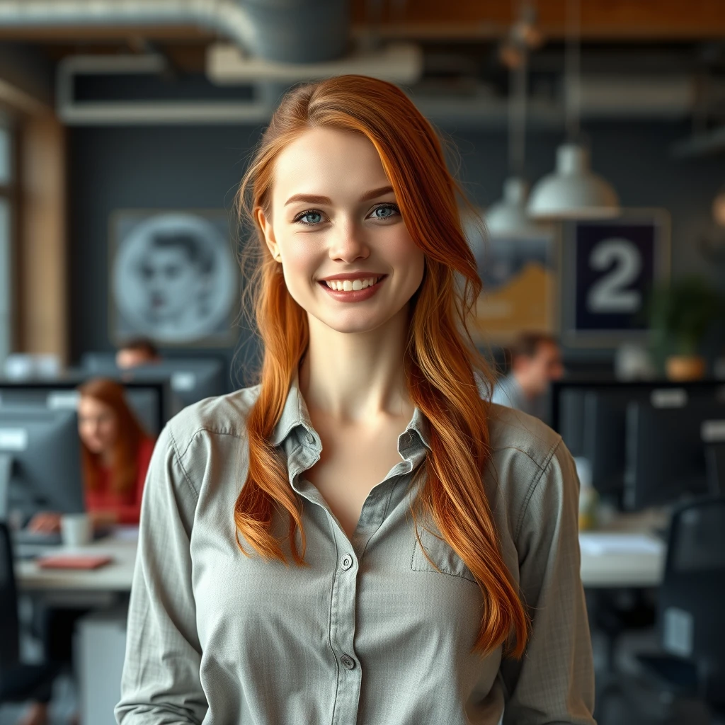 A 24-year-old gorgeous redhead Russian supermodel standing in a coworking space, smiling at the camera. She is dressed in casual professional attire, with detailed facial features showing her determination. The background includes desks, colleagues, and office equipment. --ar 2:3 --style raw