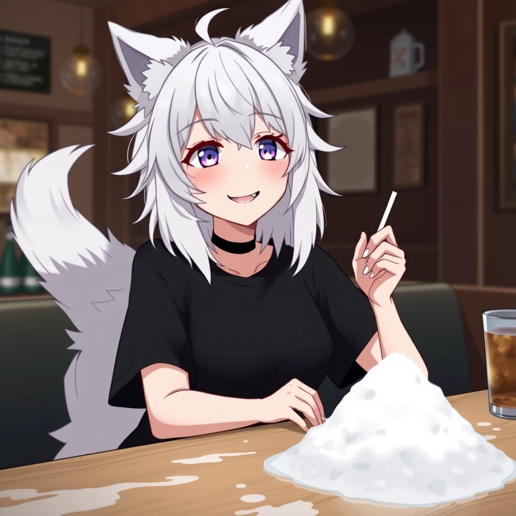 Anime woman with fluffy wolf ears and a fluffy tail, white messy medium hair, purple eyes, wearing a black t-shirt, sitting at a table in a bar. On the table is a tiny mountain of snow. The girl looks with a big crazy smile at the snow and has a straw in her right hand. - Image