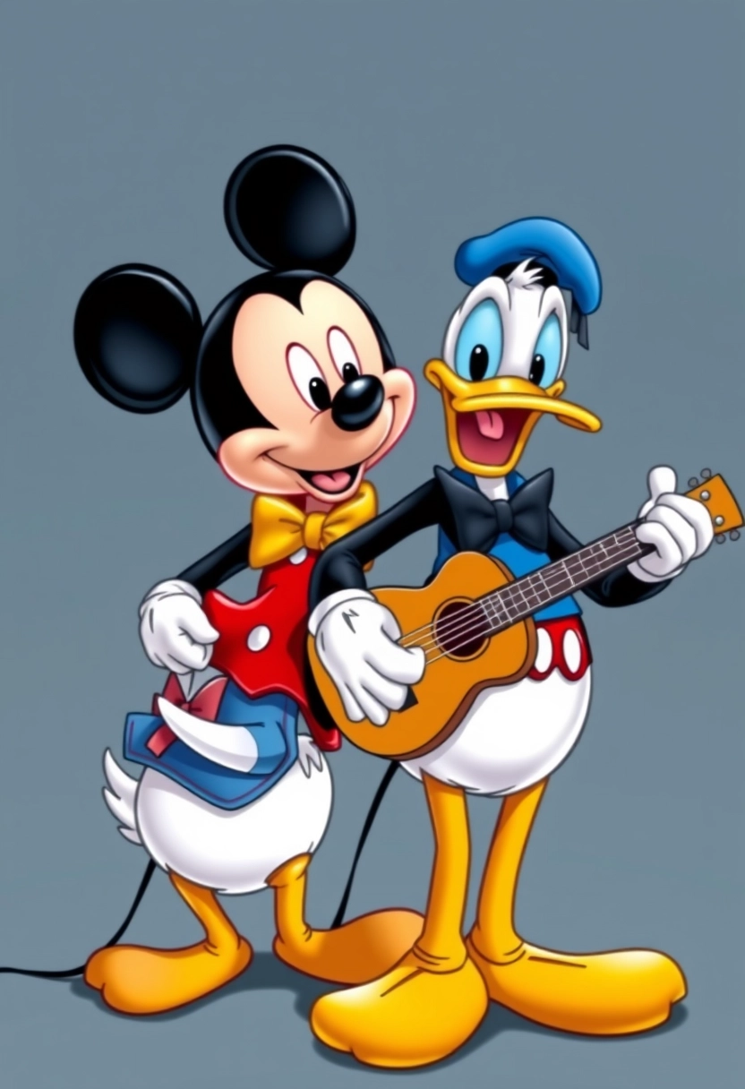 Mickey Mouse and Donald Duck playing the guitar.