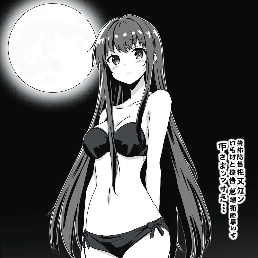 Girl with long, black hair in a black bikini. In the background, a black sky with a big, bright moon. Manga, grayscale. - Image