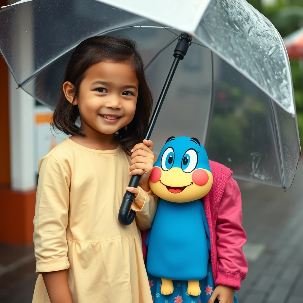 A real photo of a little sister holding an umbrella with a cartoon character.