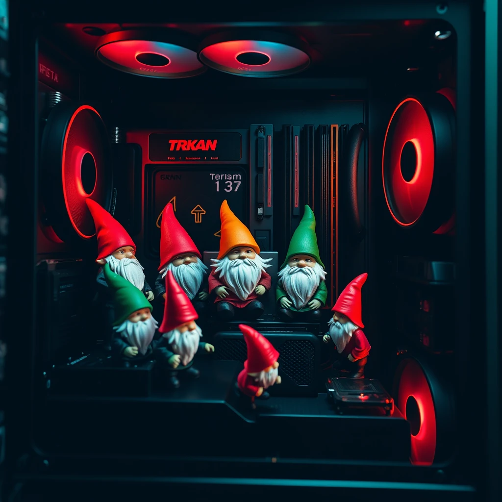 A desktop gaming tower full of mini gnomes working inside on the GPU. - Image