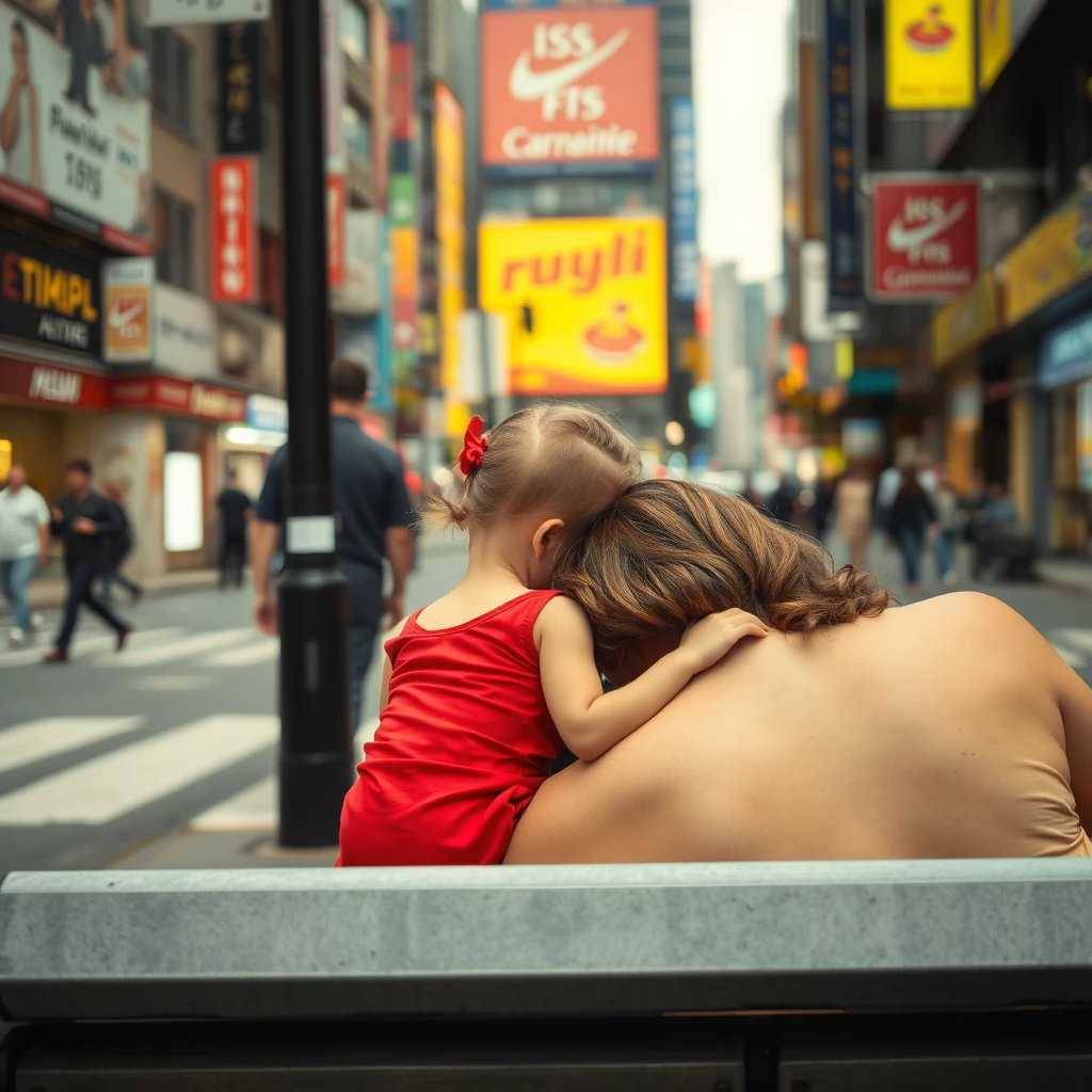 A downtown street with a lot of ads, traffic, and people; a little girl wearing a tight red dress is sitting on the bench, resting her head on her mother’s shoulder. The mother is lying back on the bench. - Image