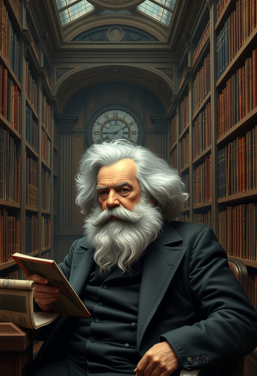 Karl Marx in a library, photorealistic