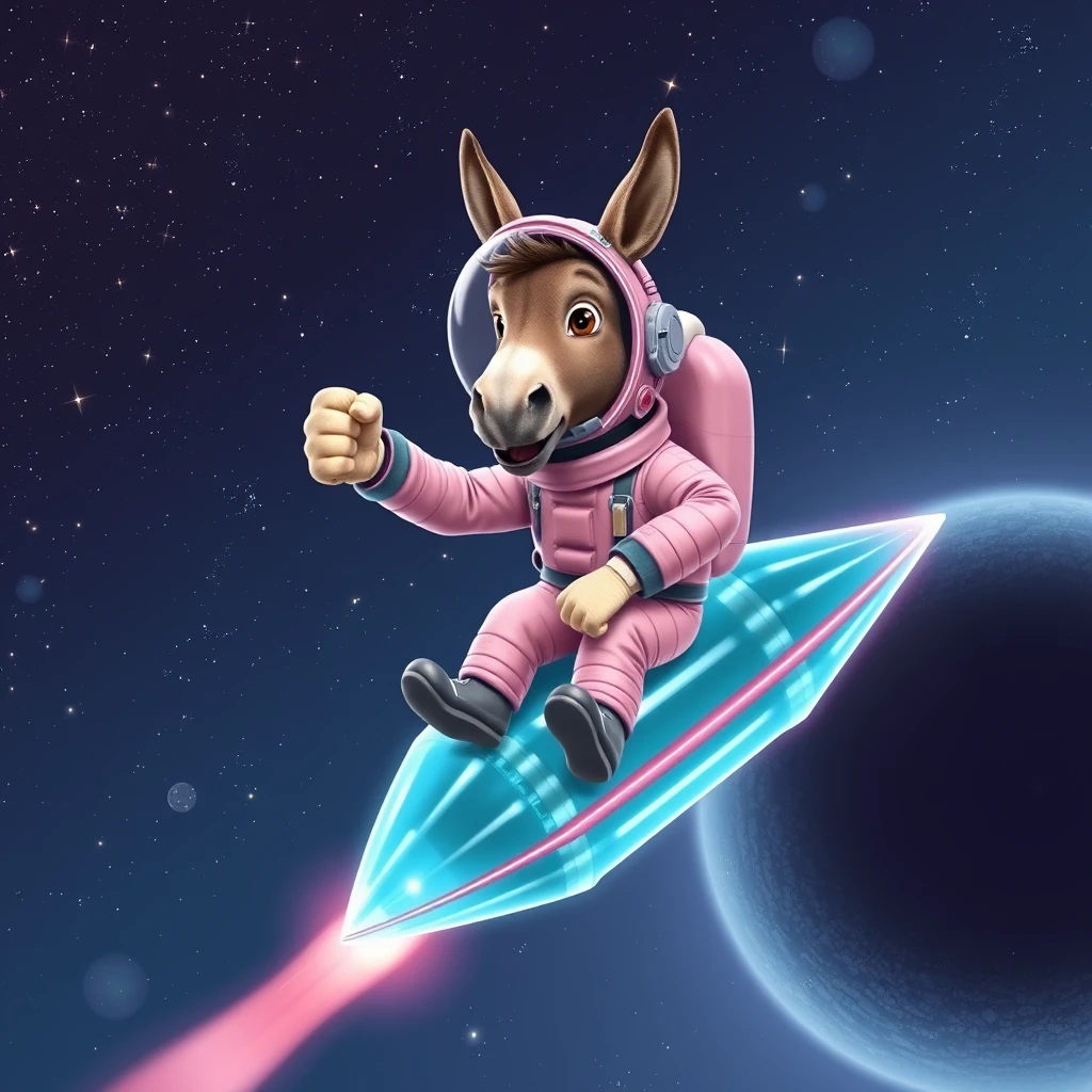 An ambitious donkey wearing pink astronaut costume, riding on a crystal light cyan stunning spaceship, making a punching gesture, flying to the outerspace under a clear night sky with lots of shining stars, passing by a huge black-hole. Realistic style.