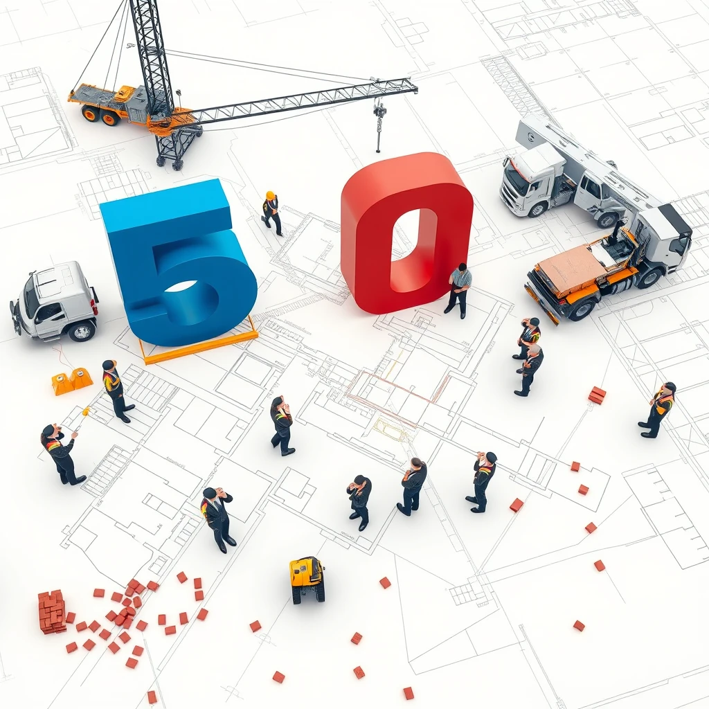 The ground is composed of architectural drawings, with the 3D number "50" placed on it. The numbers are blue, red, and have a little gold texture. There are also cranes and large trucks. Several staff members are standing on the ground, some are talking on the phone, and others are directing the construction. There are some scattered bricks on the ground. The background is off-white, featuring macro photography, high-definition details, wide-angle lenses, symmetrical composition, cool tones, flash lighting, and prominent patterns. It is a bird's eye view, aerial photography, miniature landscape, high resolution, and clear details. - Image