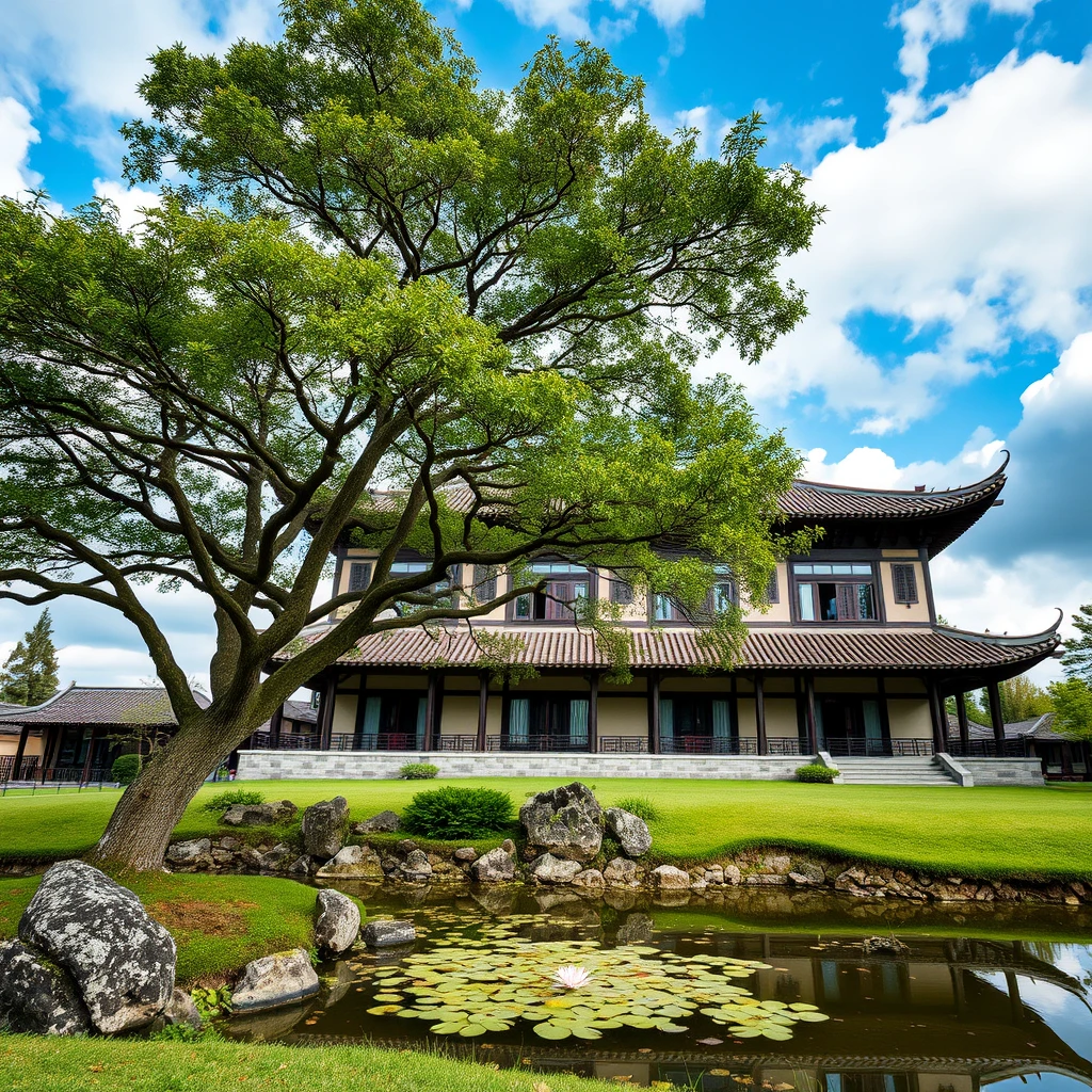 Chinese style hall, no humans, scenery, tree, sky, outdoors, cloud, lily pad, East Asian architecture, day, architecture, pond, water, grass, rock, building, cloudy sky, blue sky.