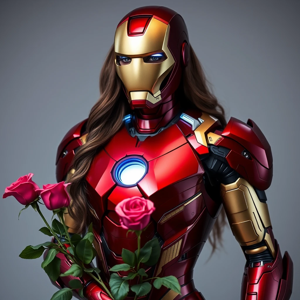 The beautiful model wearing the Iron Man suit and holding roses in her hand. - Image