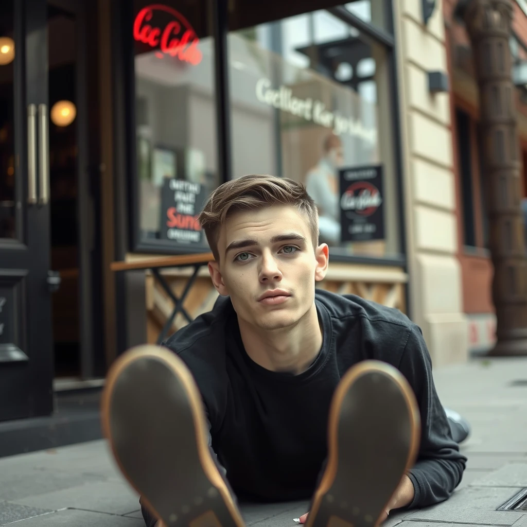 A young man with white skin is outside a restaurant, lying on the ground, and his shoes are visible.