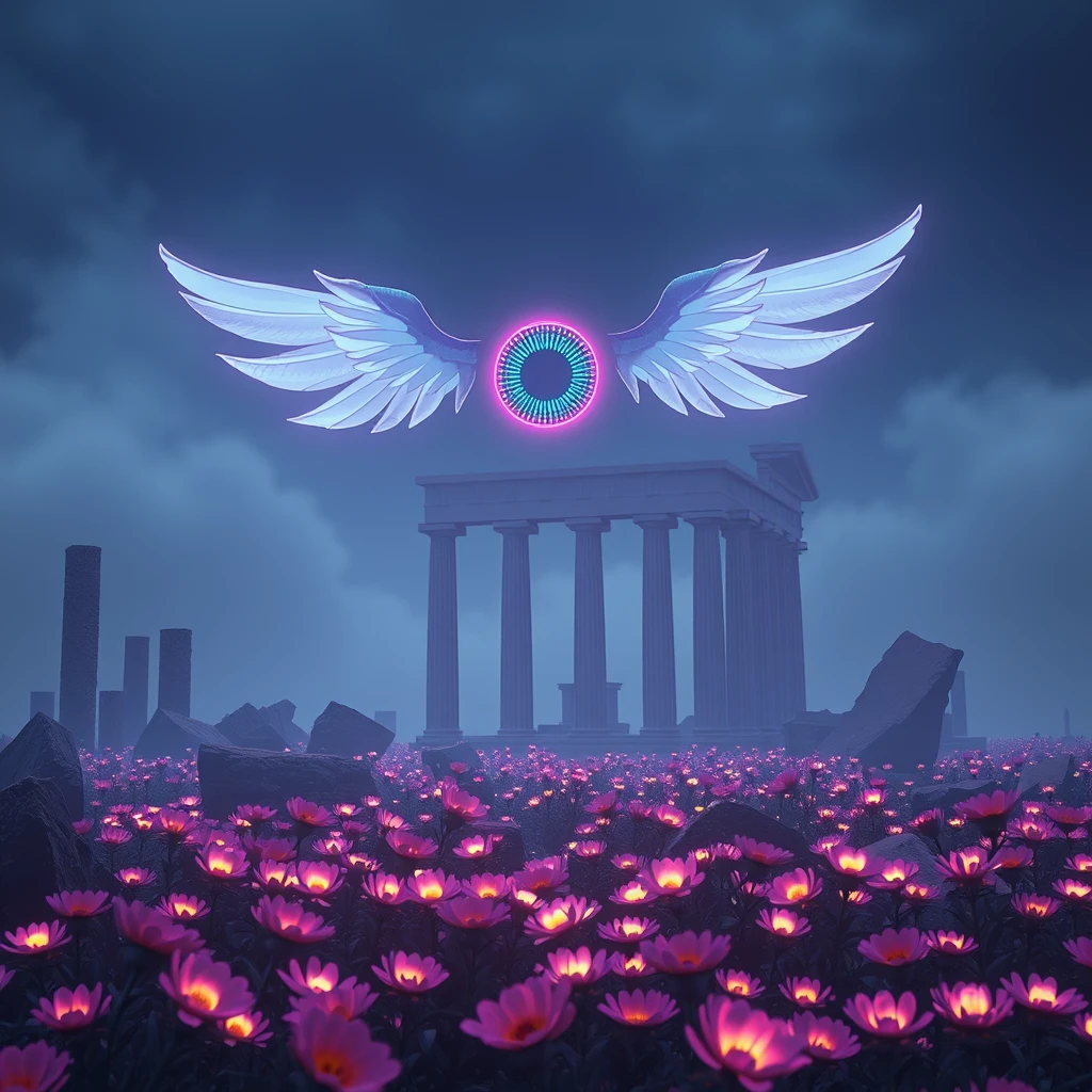 an atmospheric and minimalist pastel 3D rendering evoking a sense of melancholy and nostalgia for a bygone era, a giant eye with wings flies over a field of neon-lit flowers, broken greek columns, ruins, misty weather, vaporwave, retrowave, low poly, night time, mystical, liminal space, ominous, emptiness, melancholic, pastel colors, cult, religious, echoes of the past, unreal engine 5, occult, masterpiece, complex shaders