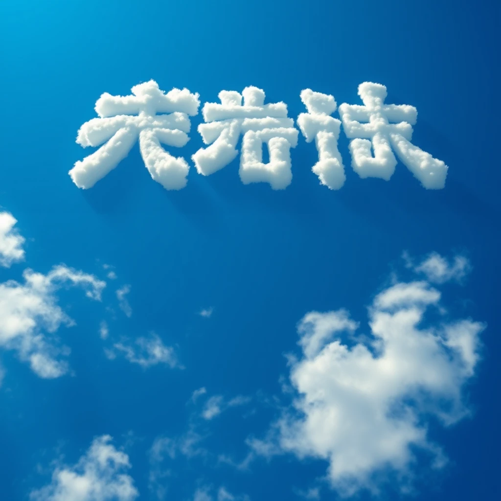 Sky: A vibrant blue sky, the kind of deep cerulean blue that evokes a feeling of vastness and serenity. It's a clear, sunny day with no other visible elements except for the clouds.  
Clouds: Fluffy, white clouds form the characters Sichuan University. Each character is distinct and clearly readable, formed by meticulously shaped clouds. The clouds have a realistic texture, with soft edges and subtle variations in density and opacity.  
Perspective: The perspective is from the ground looking up, giving the impression of gazing up at the sky and seeing the characters written across the heavens.  
Lighting: The sun shines brightly from above, illuminating the clouds and casting subtle shadows that give them depth and dimension.  
Details: Pay attention to the details of the cloud formations, ensuring they accurately represent the shape and stroke order of the characters. The clouds should appear natural and believable, despite forming specific shapes.  
Overall Style: Photorealistic, capturing the beauty and wonder of a clear blue sky with the unique and awe-inspiring phenomenon of clouds forming characters.  
Color Palette: Predominantly blue and white, with the vibrant blue of the sky contrasting beautifully with the pure white of the clouds. The sun's light adds a warm, golden hue to the scene. - Image