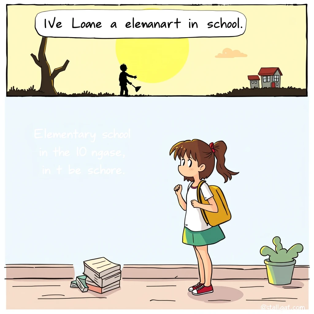 'Create a comic. It should tell the story of a girl in three pictures, who leaves elementary school at the age of 10, then has summer vacation, and afterwards starts at a new secondary school.' - Image