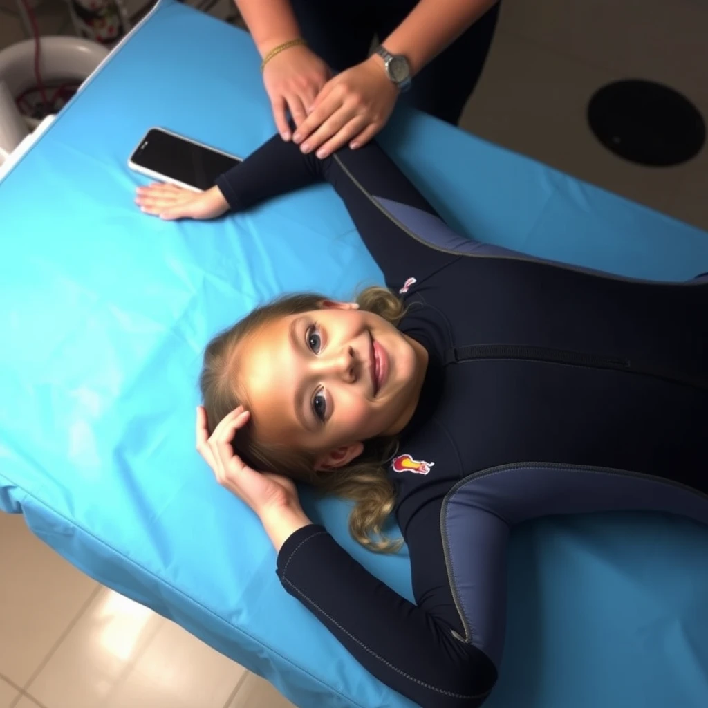 18 year old girl, wearing wetsuit, lay on an operating table, iphone photo