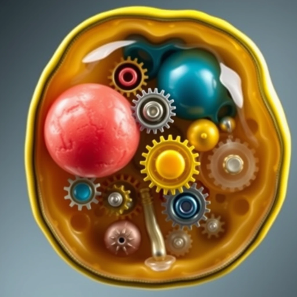 A human cell showing the internals including the main organelles; however, each organelle is represented as a mechanical machine with interconnected cogs and gears. - Image