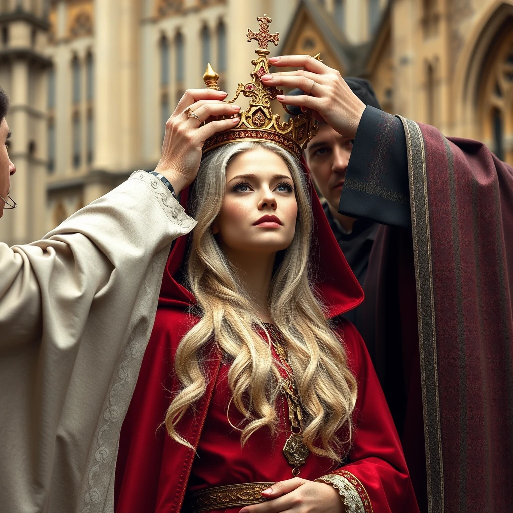 Photo realistic: Blonde fantasy heroine in a red cloak being crowned by a bishop in Westminster. - Image