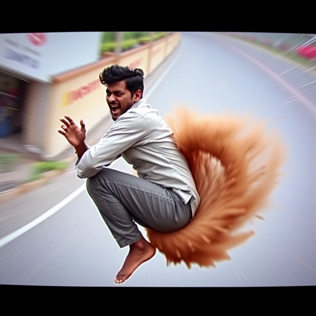 Indian man flying away at high speed, 20 meters high, in a squat pose, with a high-pressure stream of brown liquid coming from his rear, captured in low-quality CCTV footage, angrily screaming at the camera, with bulging eyes, viewed from the side, featuring radial blur.