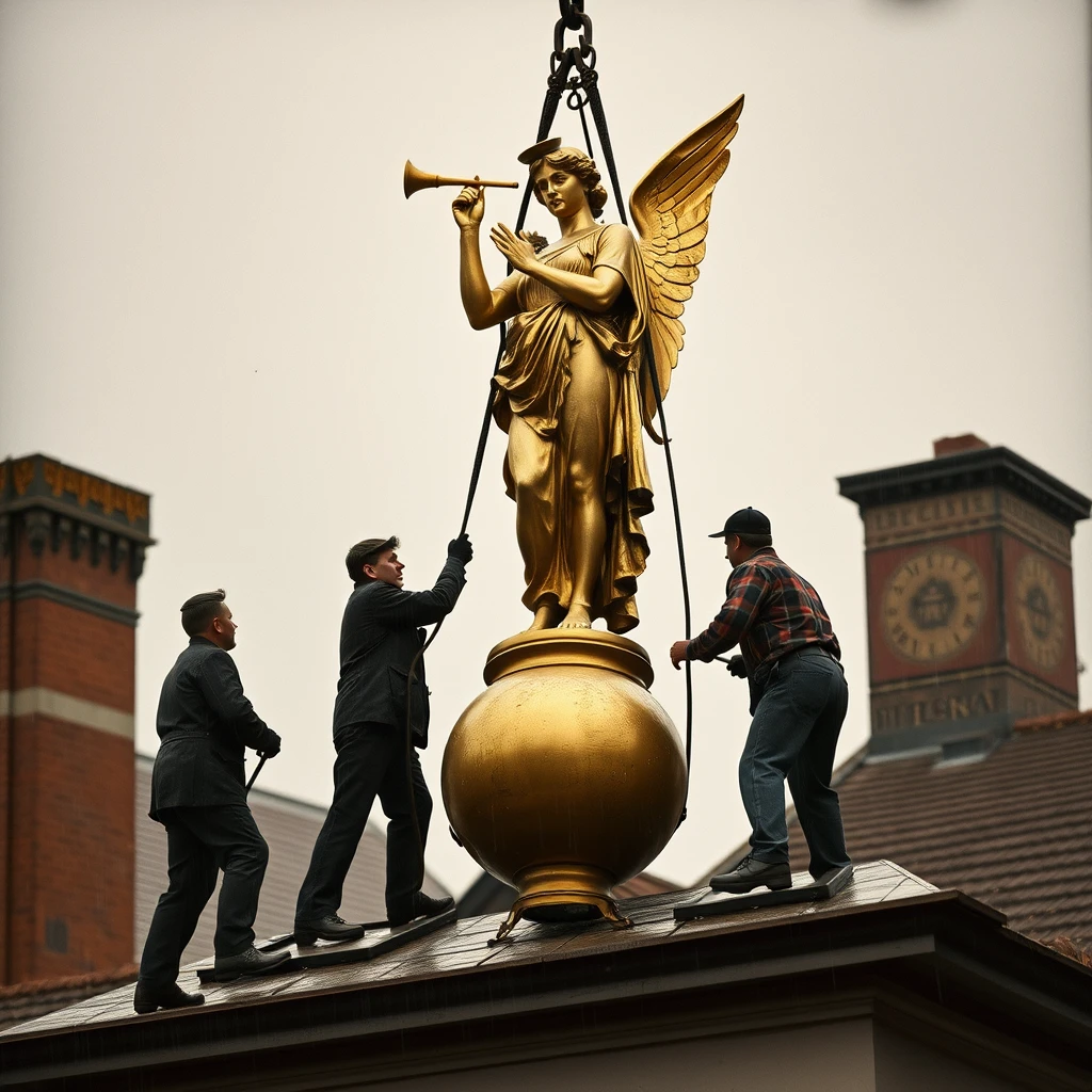 A highly detailed photograph depicting four men removing an 8' tall gilt statue of 'Victory' who is holding an angel horn and standing on a small ball from the roof of The 'Theatre Royal' in Chatham, 1920. It's raining, dark, and overcast.