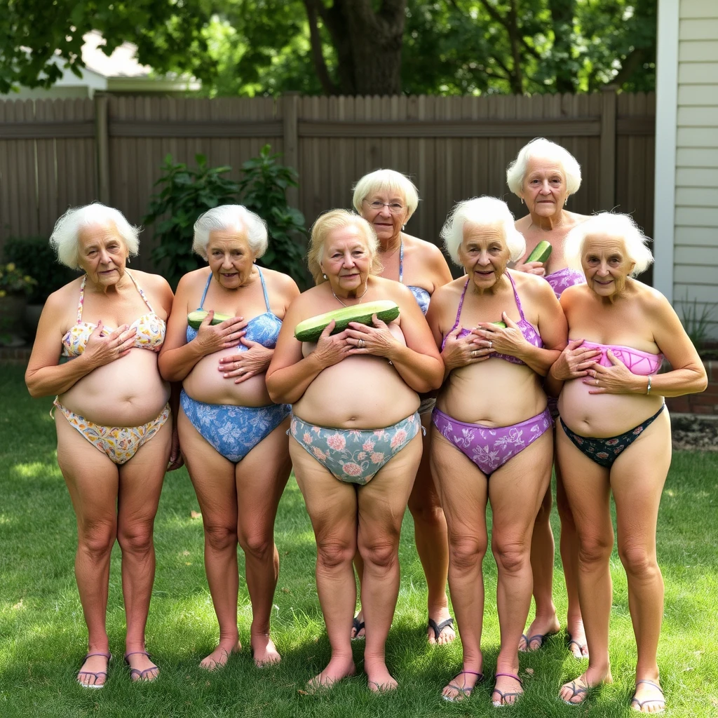 Six women of varying sizes in small bikinis in a backyard, aged 88 or older. Cucumbers in their mouths and hands on their chests. - Image