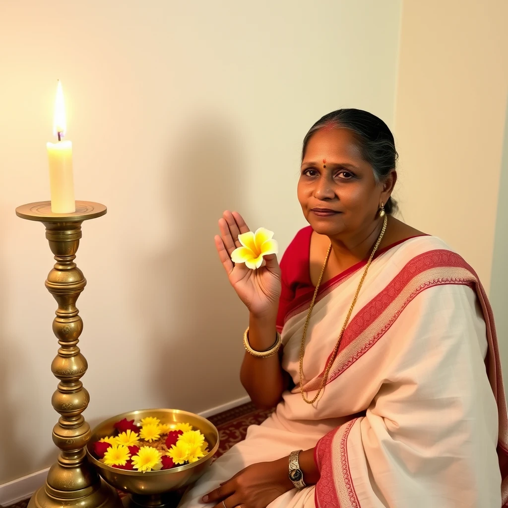 A busty 24 year old lady, in minimalist traditional Kerala attire, wishing Onam with delicate flowers and sitting next to a tall brass lamp.