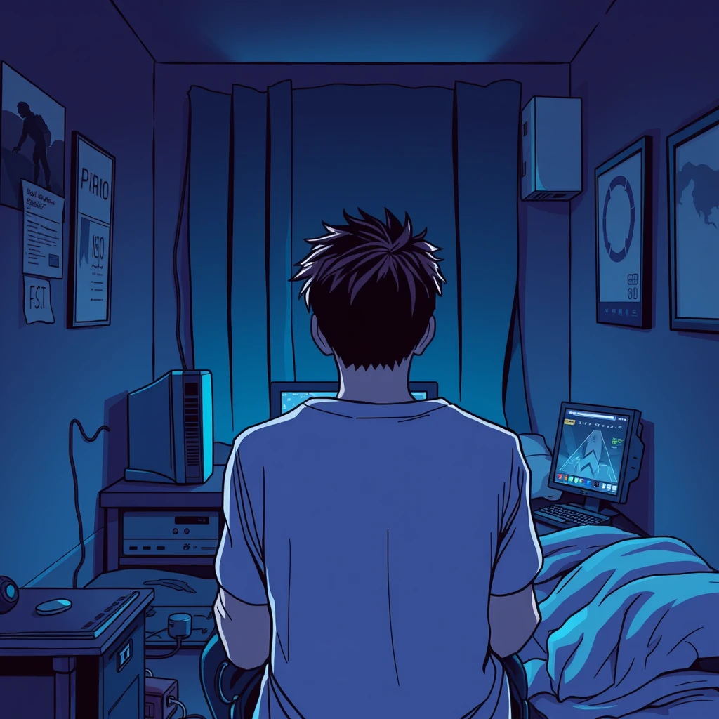 In a small room at night, a young man is facing a computer, playing a game with his back to the camera in a cyberpunk comic style.