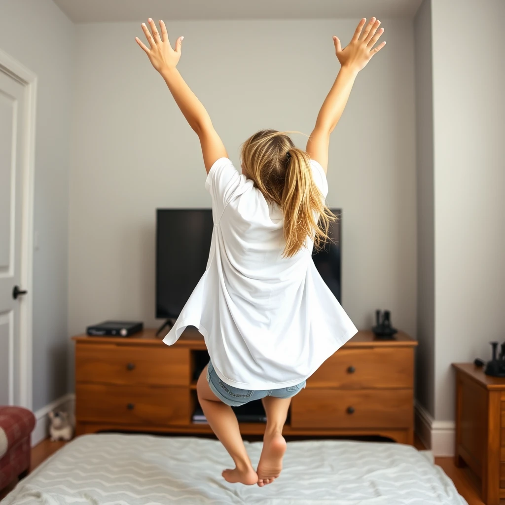 A young blonde, slender woman in her twenties is in her bedroom wearing an oversized white t-shirt and light blue denim shorts, without shoes or socks. She faces her TV and dives into it head-first, arms raised above her head and legs elevated, giving the illusion of diving or flying. The lower part of her t-shirt flares outwards, nearly revealing her chest due to the height of her arms, which seem to pass through the TV screen. - Image