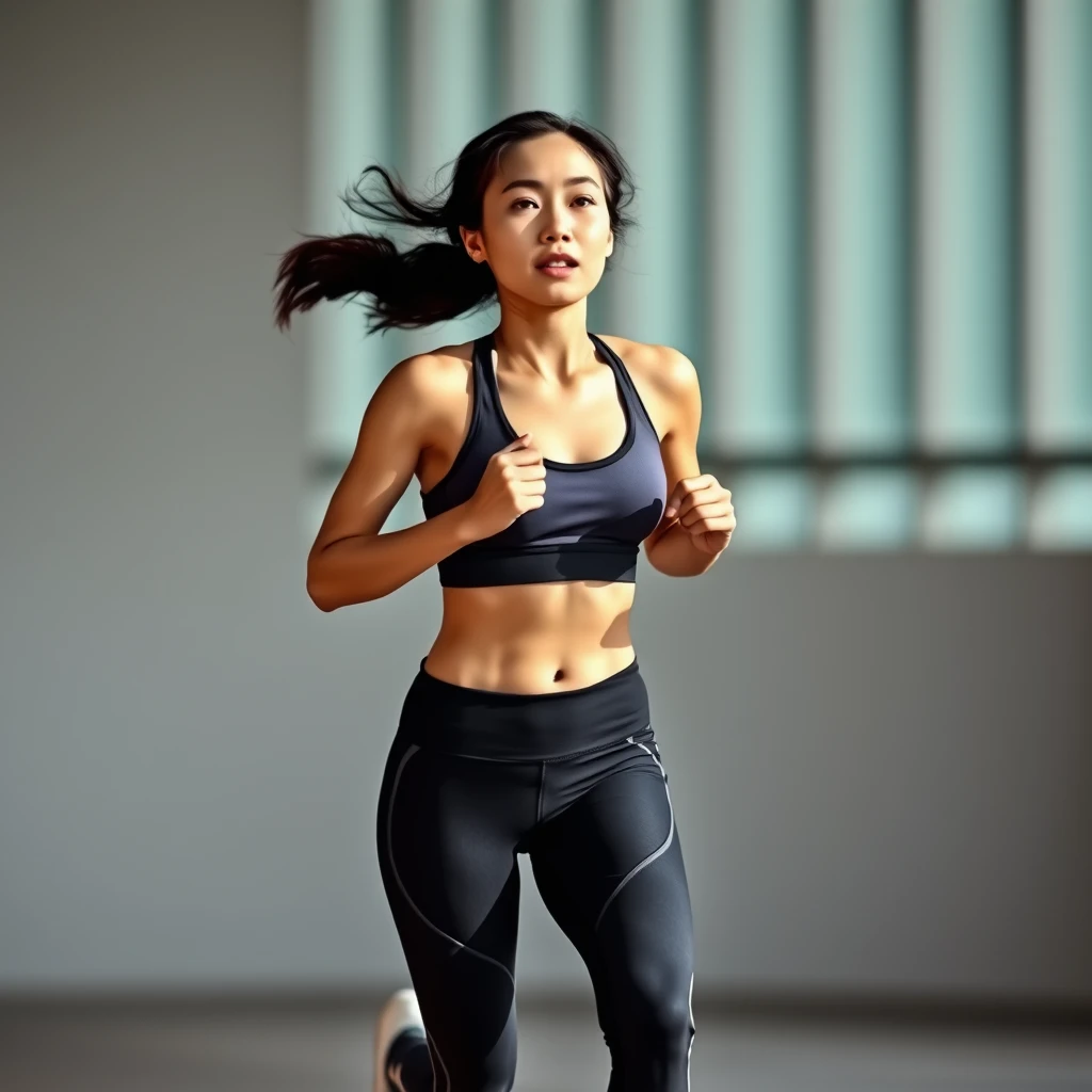 A Chinese woman running, wearing yoga pants and a sports bra.