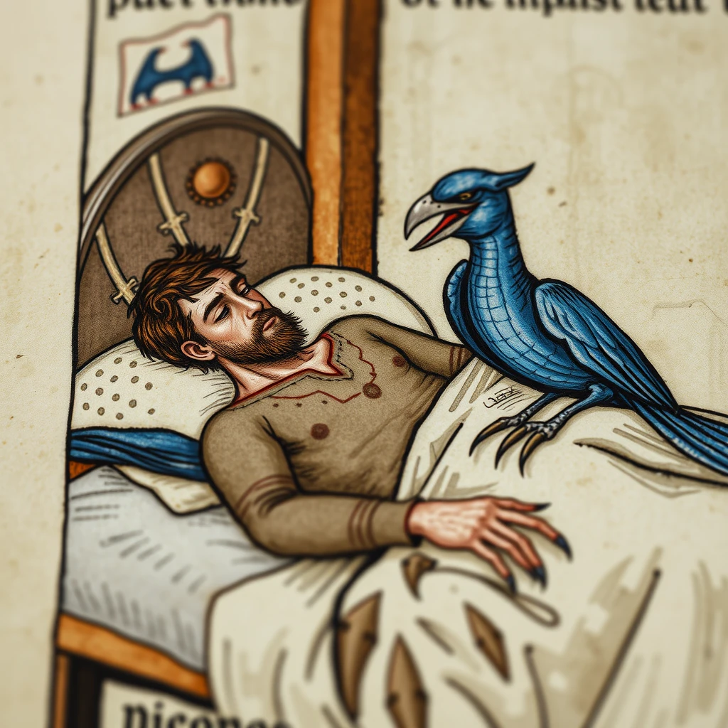 A painting of a scene from a medieval manuscript, a drawing of a man lying on a bed next to a blue bird, inspired by Dionisius, dragon mouth, close-up view, detailed image, two males, miniature, two arms that have sharp claws, talking, targ nar, modeled, the birth, imp, cocky. - Image