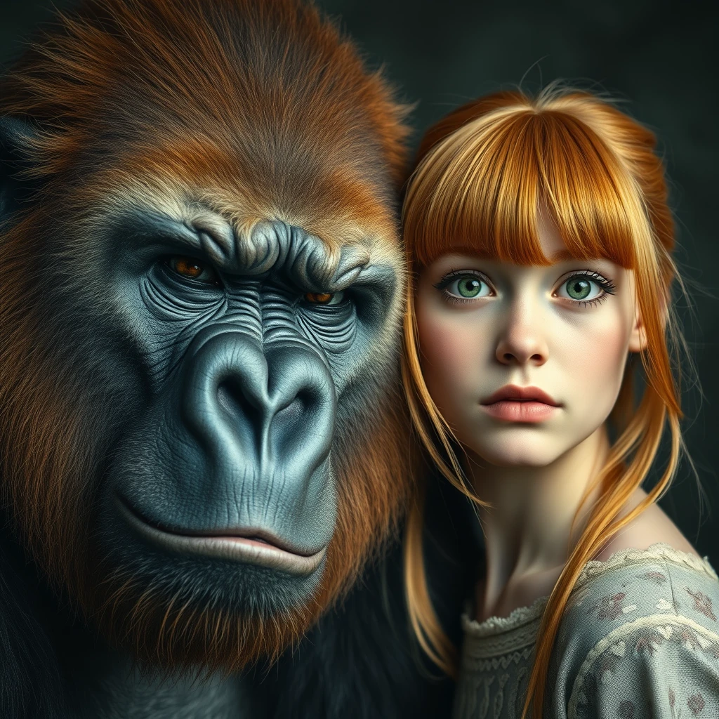 King fierce gorilla next to a cute ginger Russian green-eyed bangs-haired teenage queen with a round face and small nose in vintage style. - Image