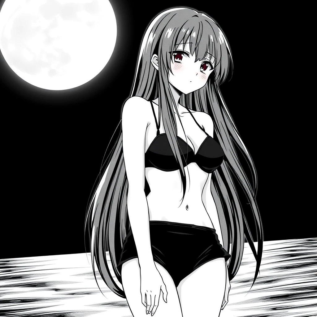 Girl with long, black hair in a black bikini. In the background, a black sky with a big, bright moon. Manga, grayscale.