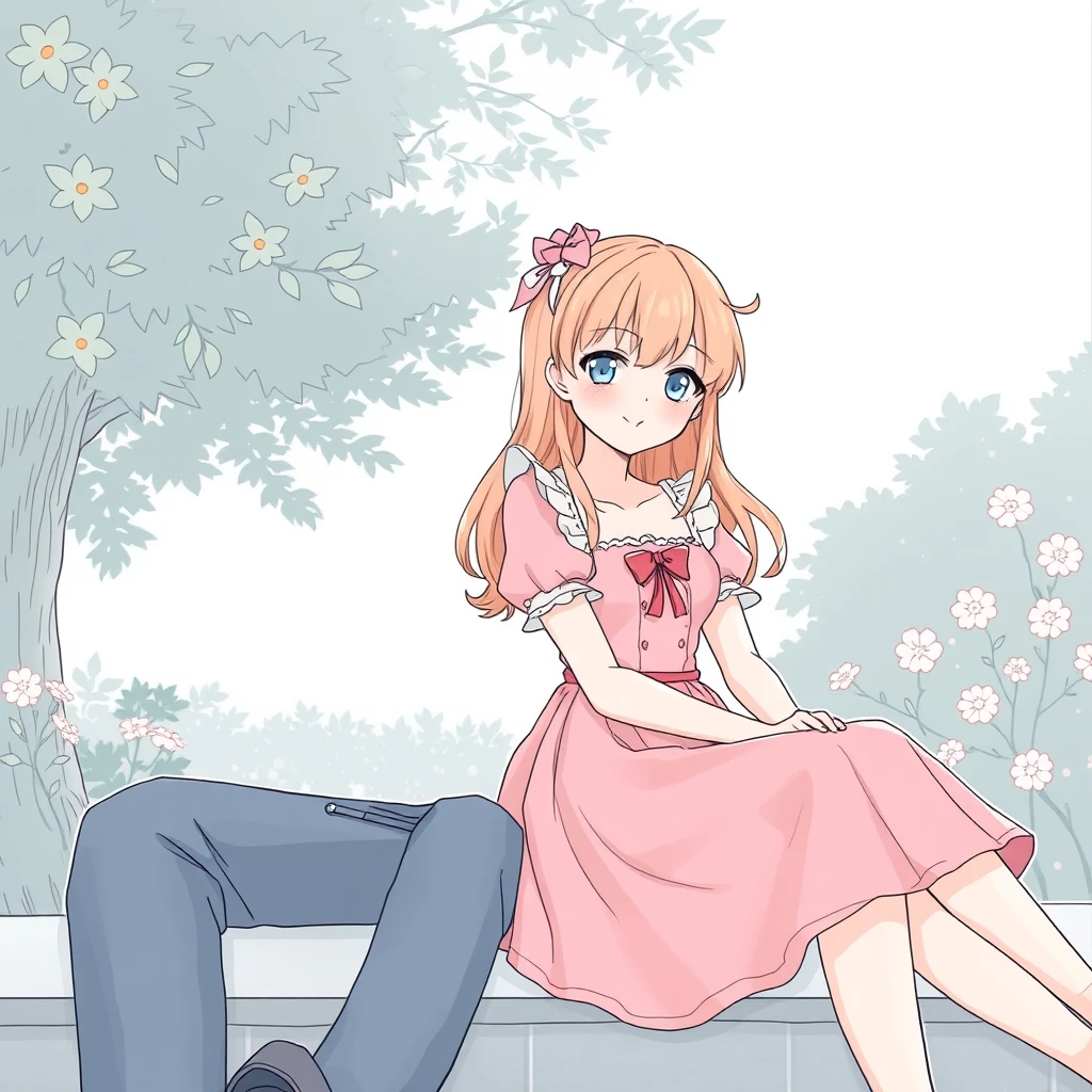 A young woman in a cute dress sitting with her tall and handsome boyfriend, very detailed anime line art. - Image