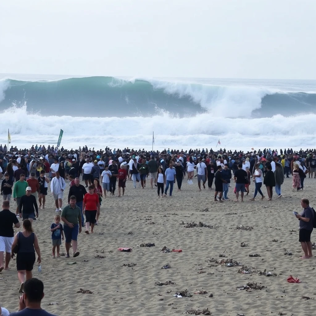 A crowded beach where nearly all of the people are unaware that a huge tidal wave is headed straight for them.