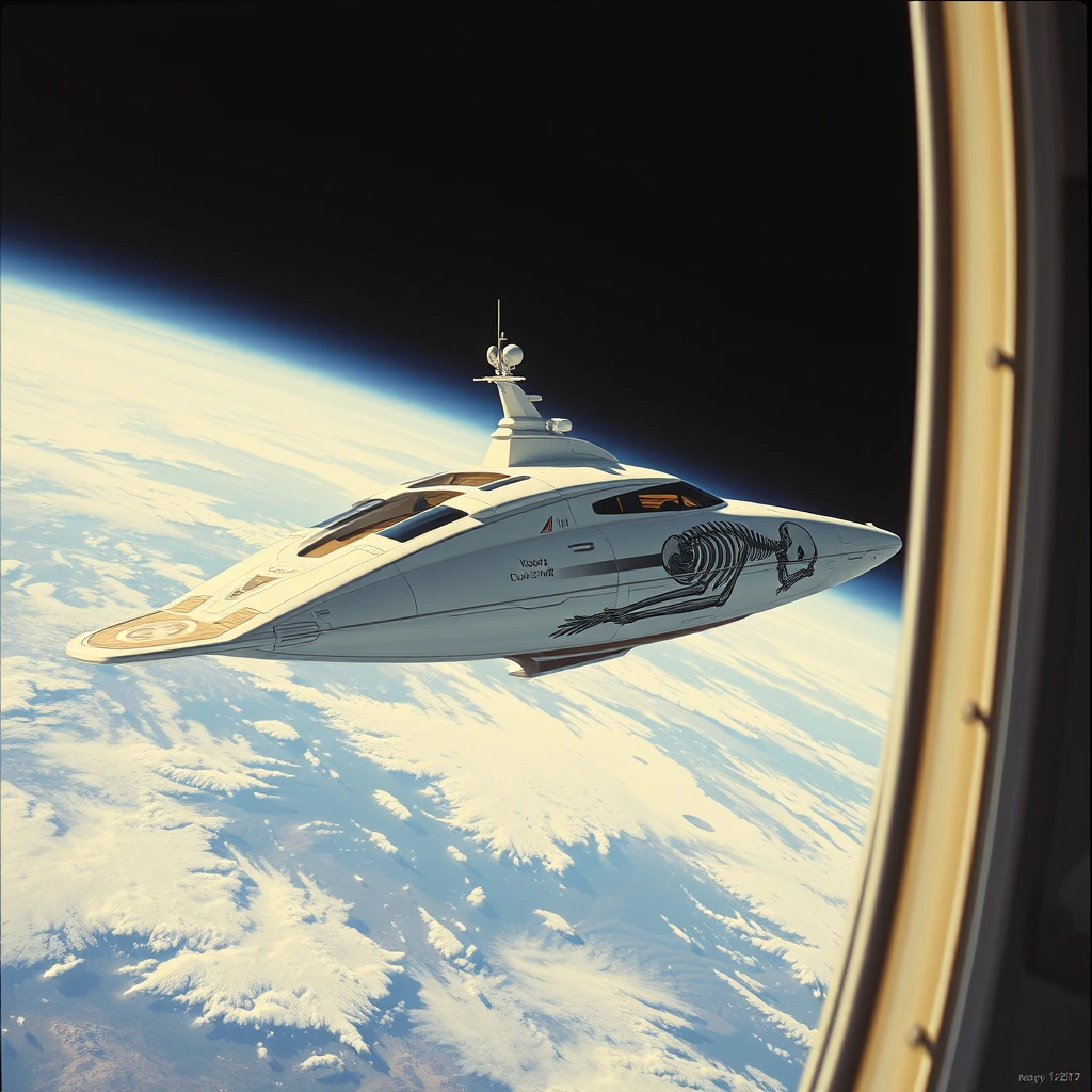 Near wide shot, a space-yacht concept, in low Earth orbit, a painting by Syd Mead, sleek, futuristic, a full-length mural depicting a repose skeleton decorates the side.