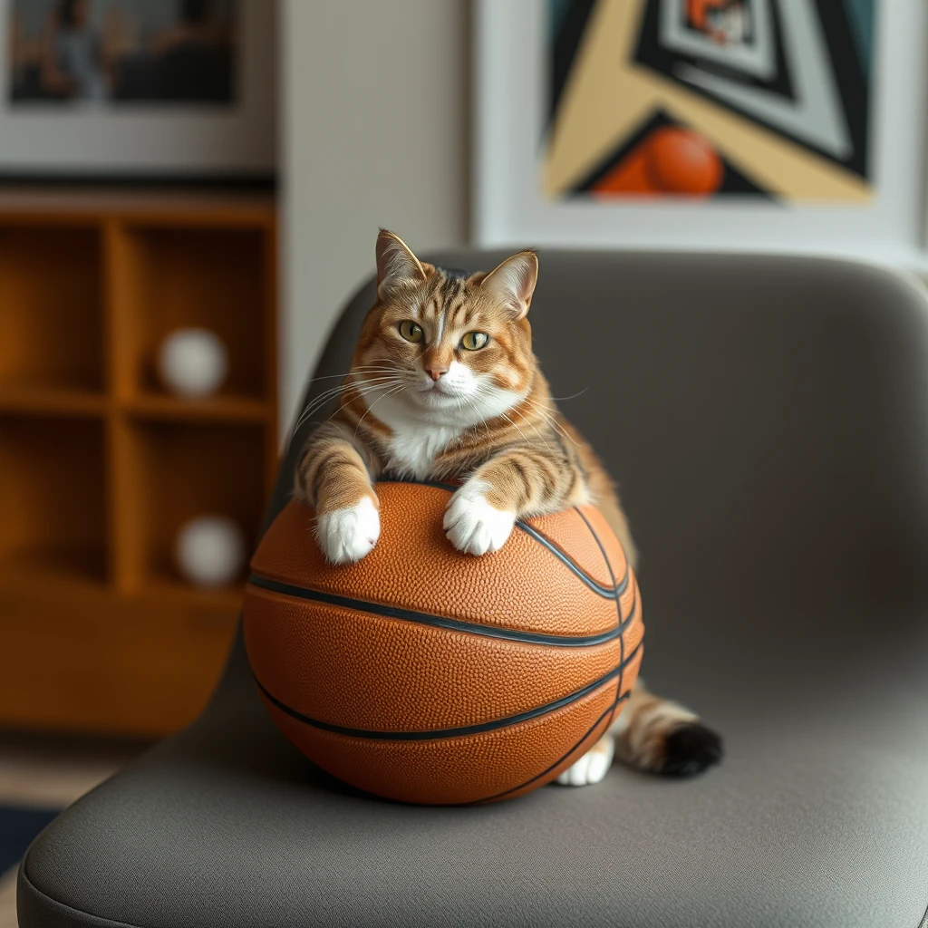 Cat placed in basketball on a chair