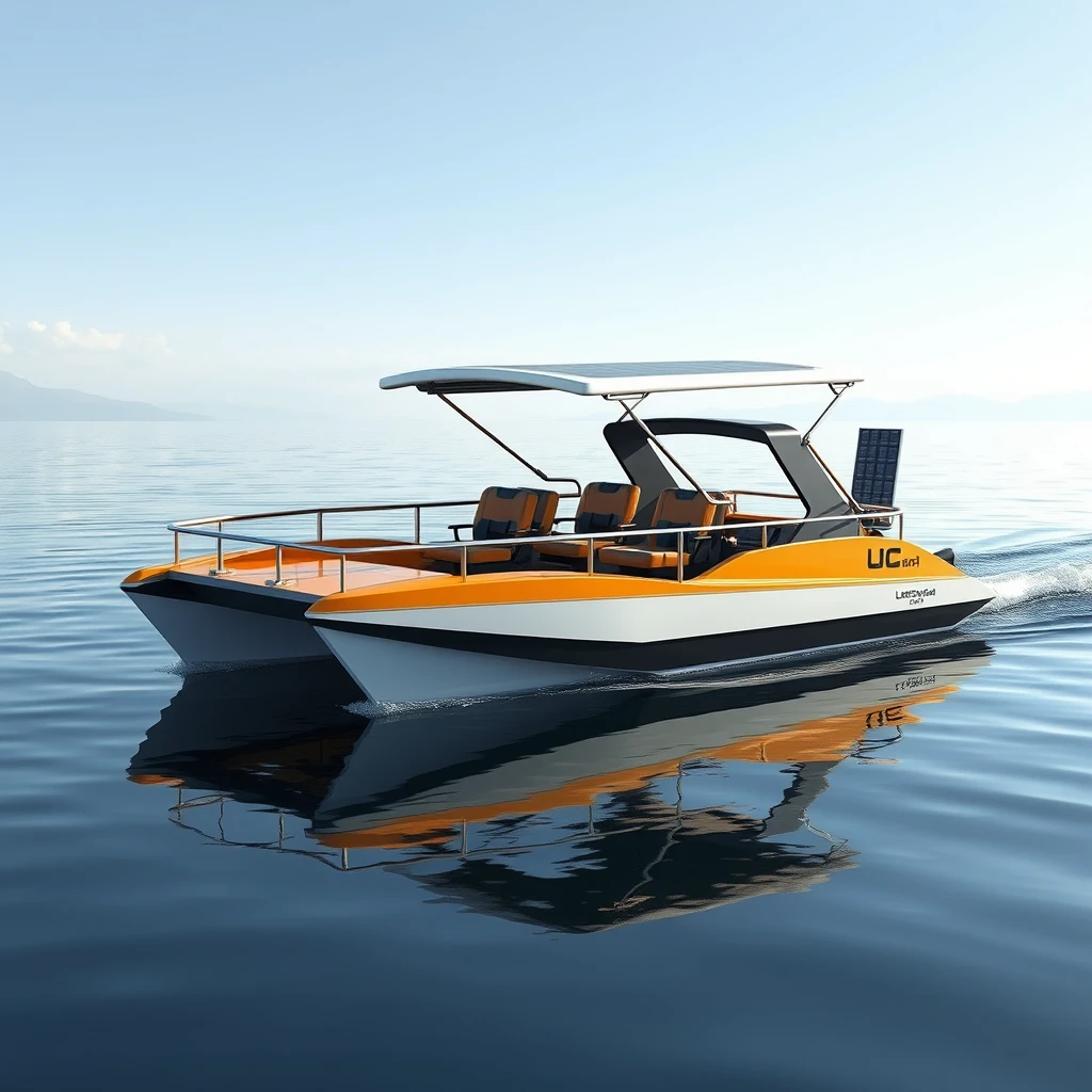 Smart Indian styled design of an open hydrodynamic, short, compact Catamaran boat with 6 seats, with adequate safety rails, in a calm lake in Kashmir, the platform powered by batteries and thruster pods, with joystick controls on the dashboard, carrying a foldable hard roof with the solar panels over it.