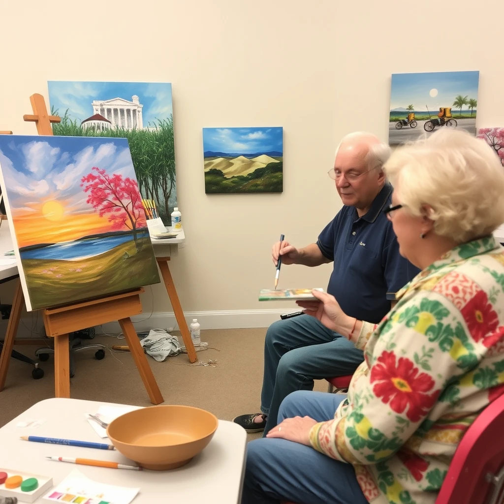 Picture of canvas painting class for senior citizens with art instructor. - Image