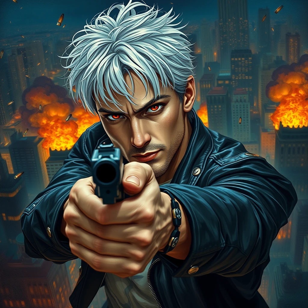 An adult male with a gun aimed at the camera, short white hair, red eyes, black leather jacket, muscular figure, playful gaze, city night scene, high altitude, flames, explosions, black series, scattered bullet shells, iron chains, messy hair, character facing the camera, upper body, movie level lighting, thick painting style, ultimate color application, oil painting texture, Van Gogh style, Impressionist style, delicate brushstrokes, unclear line drawings, brilliant colors, soft light and shadow, 2.5D, Van Gogh's works.