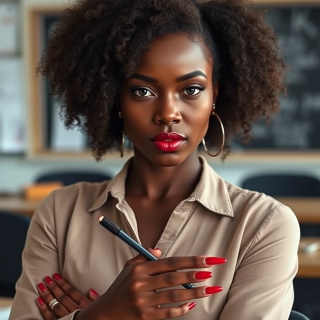 Female teacher, ebony, full body shot, in class, long red nails, sultry look. - Image