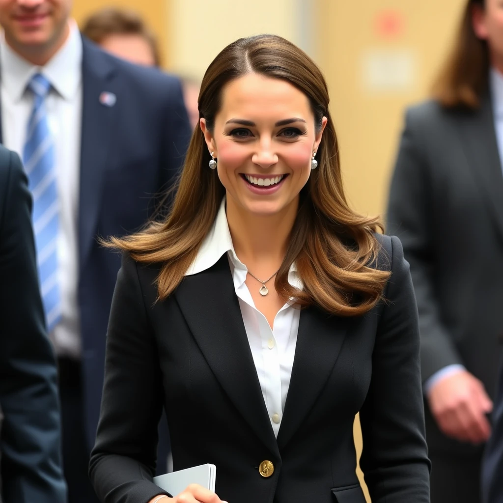 Kate Middleton dressed as an office intern, enthusiastic.