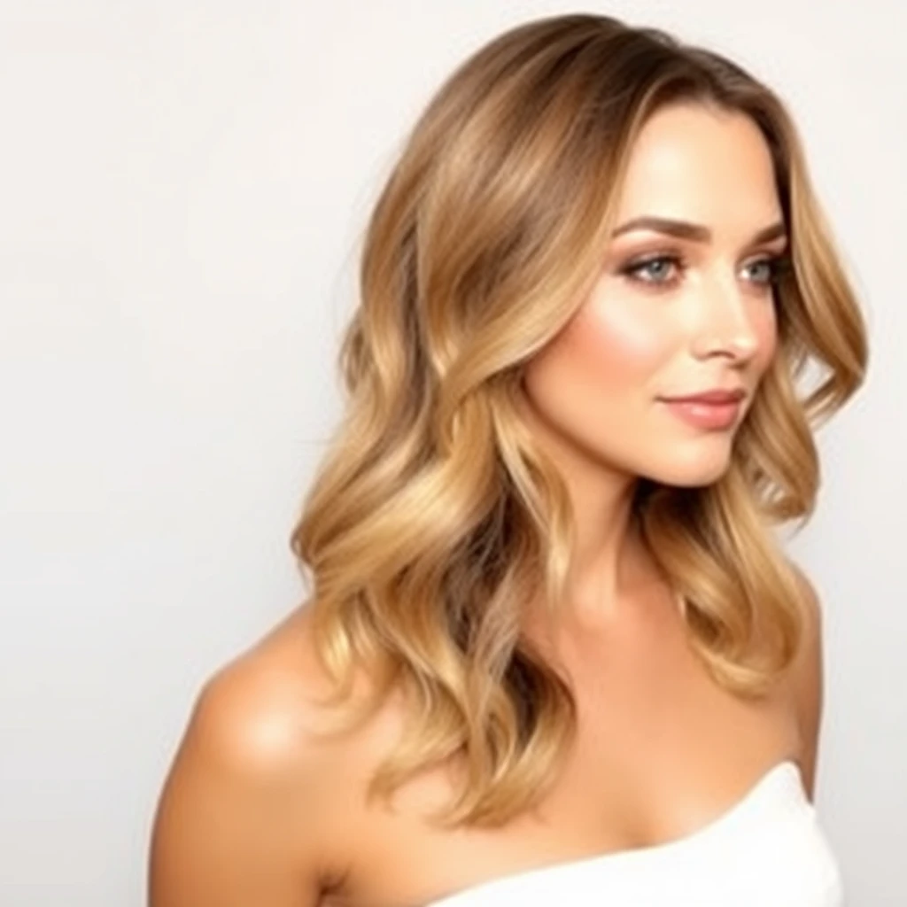 The image features a woman with her hair styled in loose waves, wearing a strapless white dress against a neutral background.