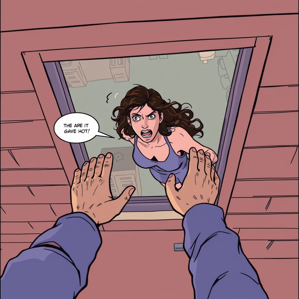 The woman is pushed out of the window by the man; she is panicking, view from above, comic.