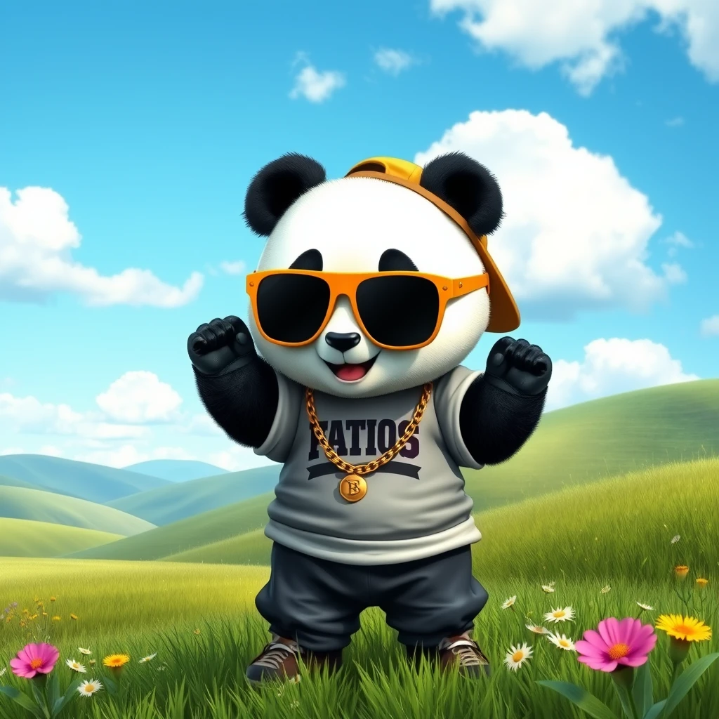 A playful panda dressed as a hip-hop rapper, wearing oversized sunglasses, a gold chain, a graphic tee, baggy pants, and a cap. The panda is standing in a serene meadow. The background includes rolling green hills, wildflowers, and a clear blue sky with fluffy clouds. Realistic style, 8K resolution.