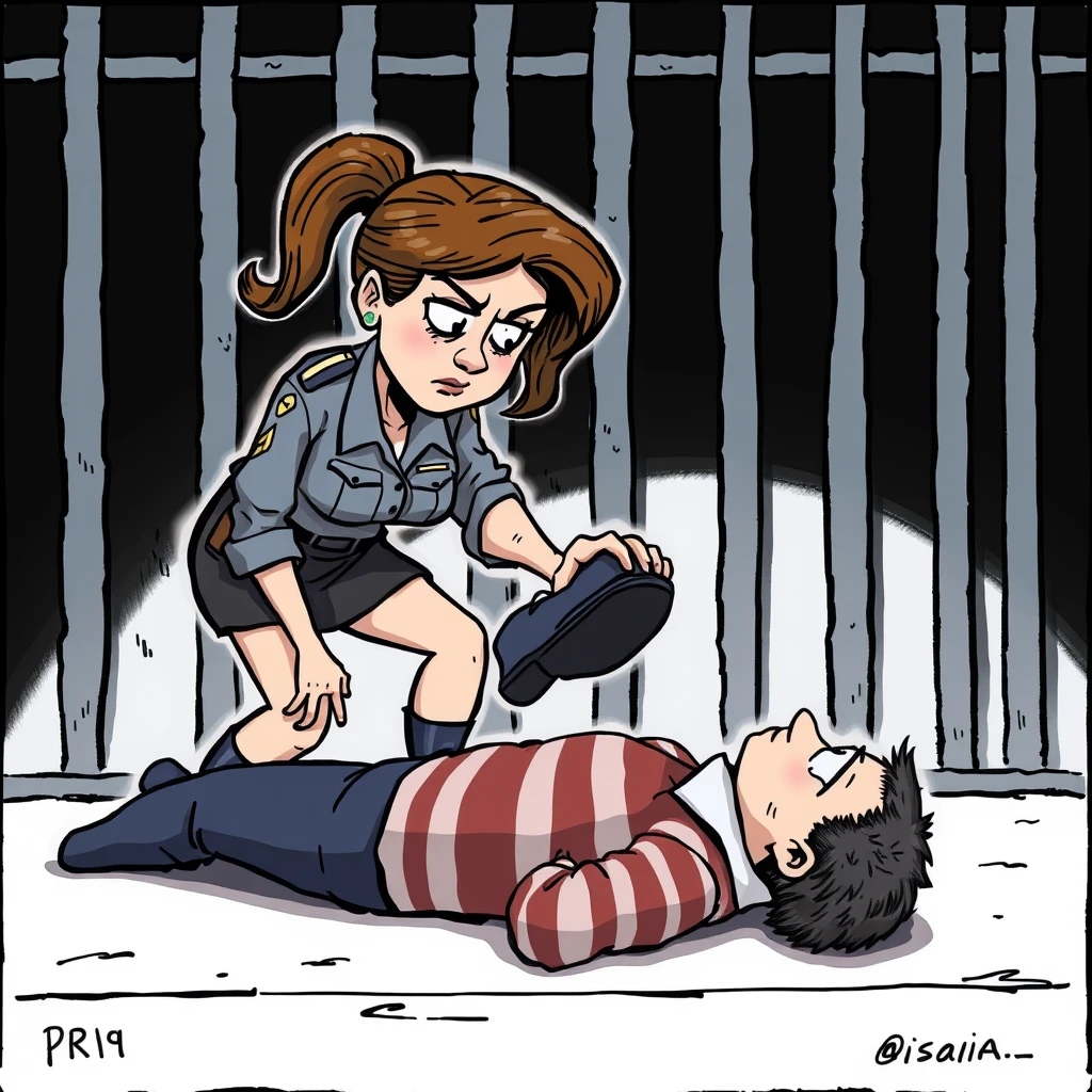 Female domination cartoon, a woman, prison guard, stomping on a man's head, a man, prisoner, lying on the ground.