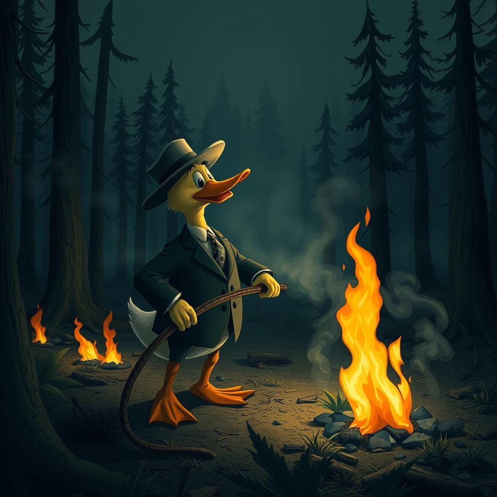 duck in a suit putting out a forest fire. nighttime. smokey.