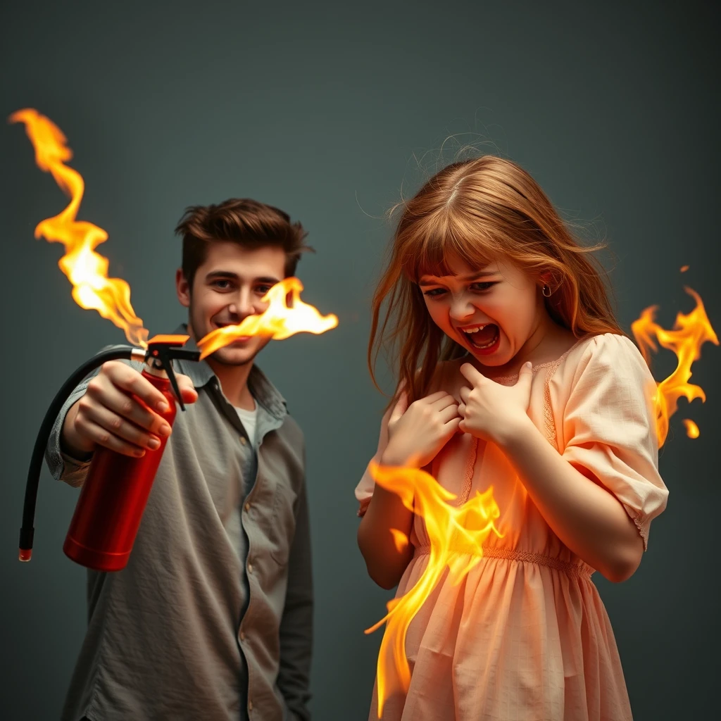 20-year-old smiling white Italian man holding "fire extinguisher flamethrower," pointing at "screaming green-eyed redhead girl in fetal position, crying, engulfed in flames."