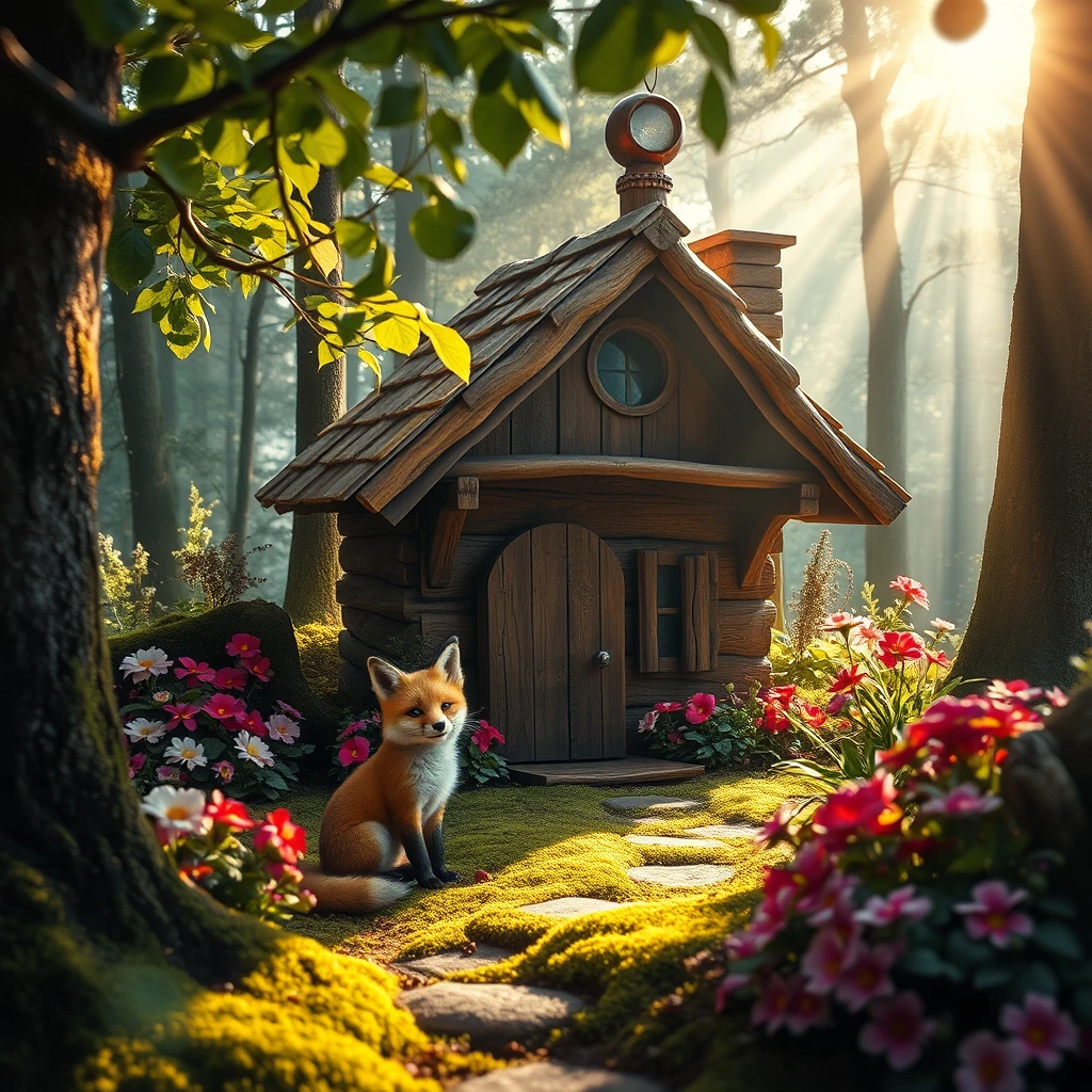 A whimsical fairytale shot of a cute fox sitting in front of a charming, little wooden house nestled in a magical forest. The scene is illuminated by soft morning sun rays filtering through the leaves, casting dappled light on the vibrant, colorful flowers surrounding the house. The forest is lush and enchanting, with hints of moss on the ground and tree trunks, creating a serene and inviting atmosphere.