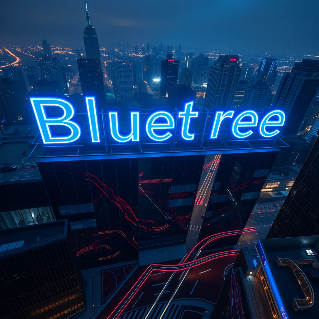 The word "Bluetree" illuminates a nocturnal cityscape as a giant neon sign atop a skyscraper. The letters, 30 feet high, pulse with electric blue light, casting a cool glow over the surrounding buildings. Reflections ripple across glass facades and a rain-slicked street below. Captured from a drone perspective, the composition places the sign at the golden ratio point. The urban environment is rendered in a cyberpunk style, with streaks of light from passing vehicles creating dynamic leading lines to the central text. - Image