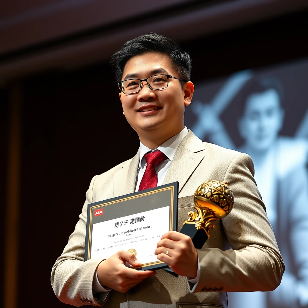 Use the person in the attached photo https://drive.google.com/file/d/1-XR9anURpPJtBQfF1jR5Va23DAu35aeV/view?usp=drivesdk 
Generate a realistic photo of a Chinese male insurance agent from AIA. 
35 years old posing for his full body portrait photo 
In 2023 annual award presentation night receiving his MDRT recognition.