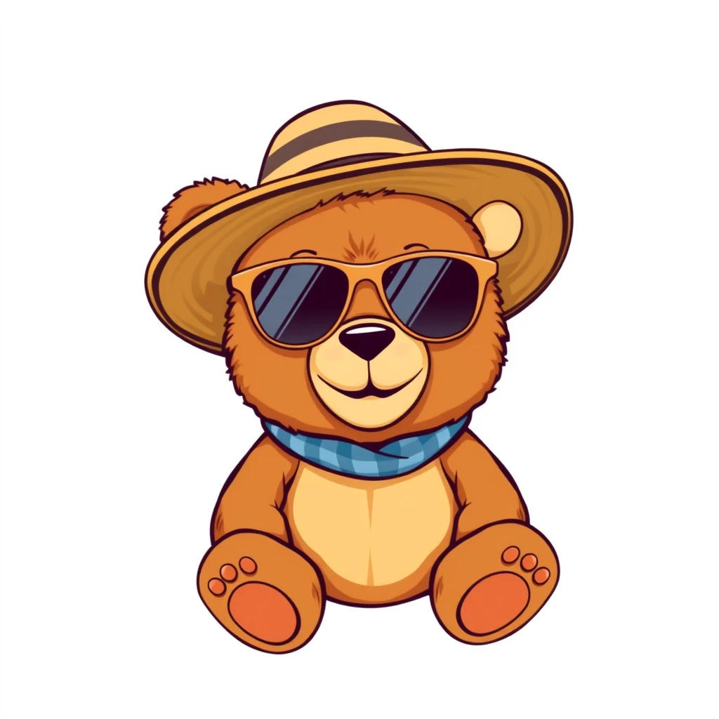 teddy bear wearing sunglass and wearing a big stripe hat, flat 2d, vector, white background, enclosed in a circle, professional tshirt design vector - Image